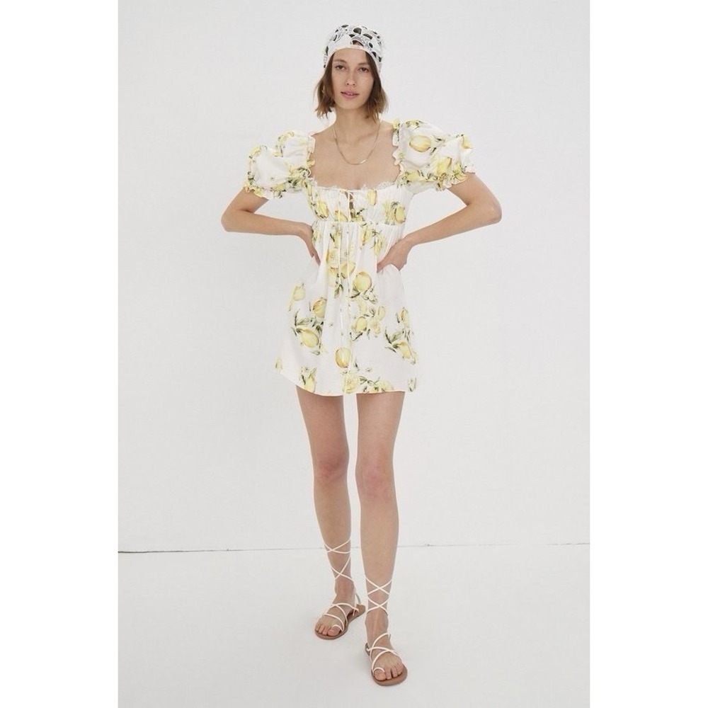 NWT For Love and Lemons Serafina Mini Dress Sz S Lemon Print Resortwear $229